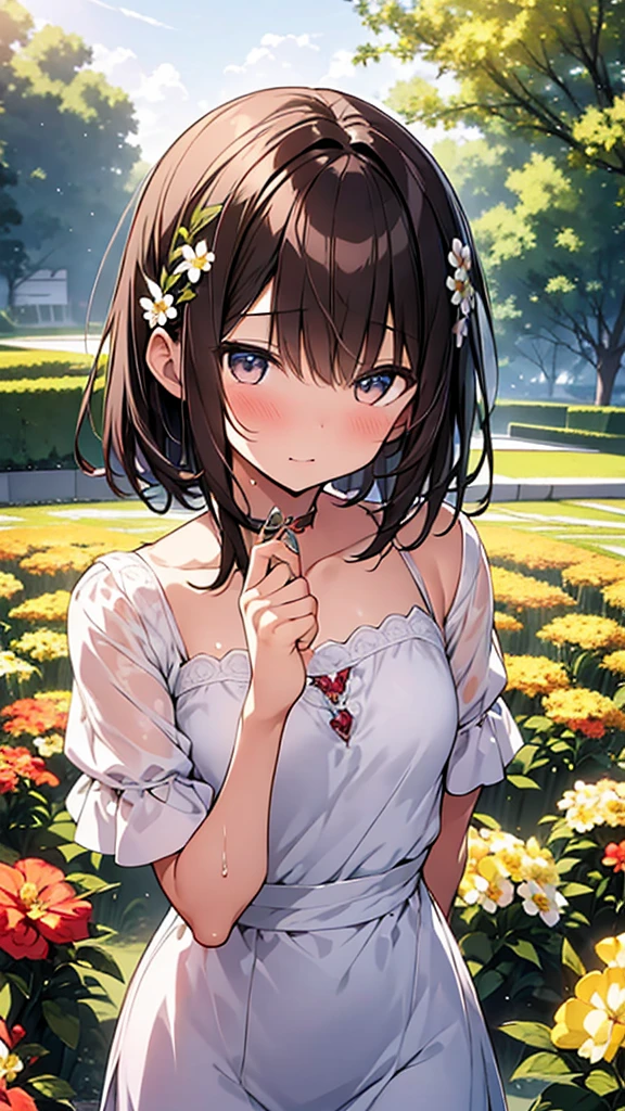 Tabletop, highest quality,figure, wallpaper, Super detailed, Absurd beauty、One beautiful woman、 (Short brown hair), Wet Hair,Beautiful brown hair, Clear brown eyes, Slightly chubby,Small breasts, Very detailed beautiful eyes , Hair blowing in the wind、Keep your head small、Flower Field、great outdoors、Flower Garden Scenery