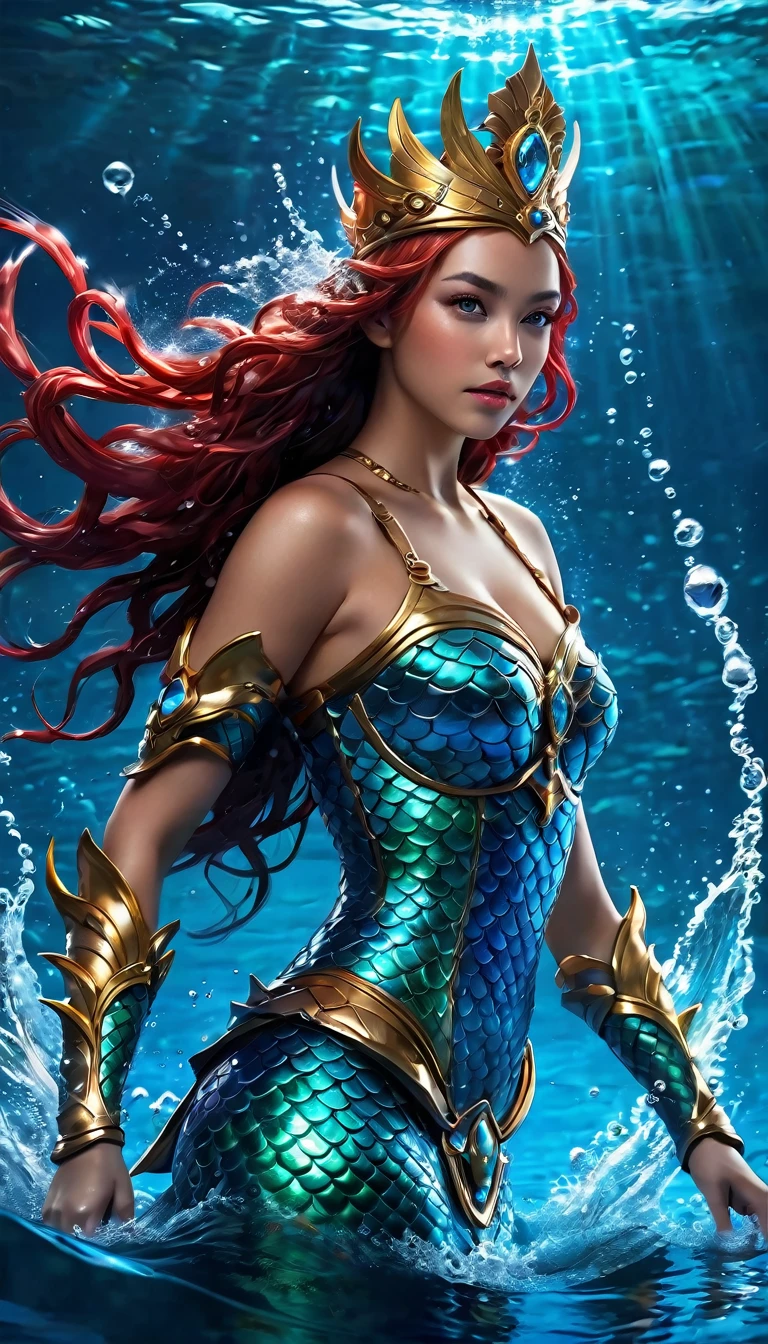 (full body shot:1.4), a brave warrior mermaid princess, minimalist armor, royal diadem on her head, fighting with enemy in deep ocean, (best quality,4k,8k,highres,masterpiece:1.2),ultra-detailed,(realistic,photorealistic,photo-realistic:1.37),detailed face, beautiful eyes, sharp focus, vibrant colors, dramatic lighting, underwater scene, dynamic pose, splashing water, fantasy, digital art,panoramic shot, low angle shot
