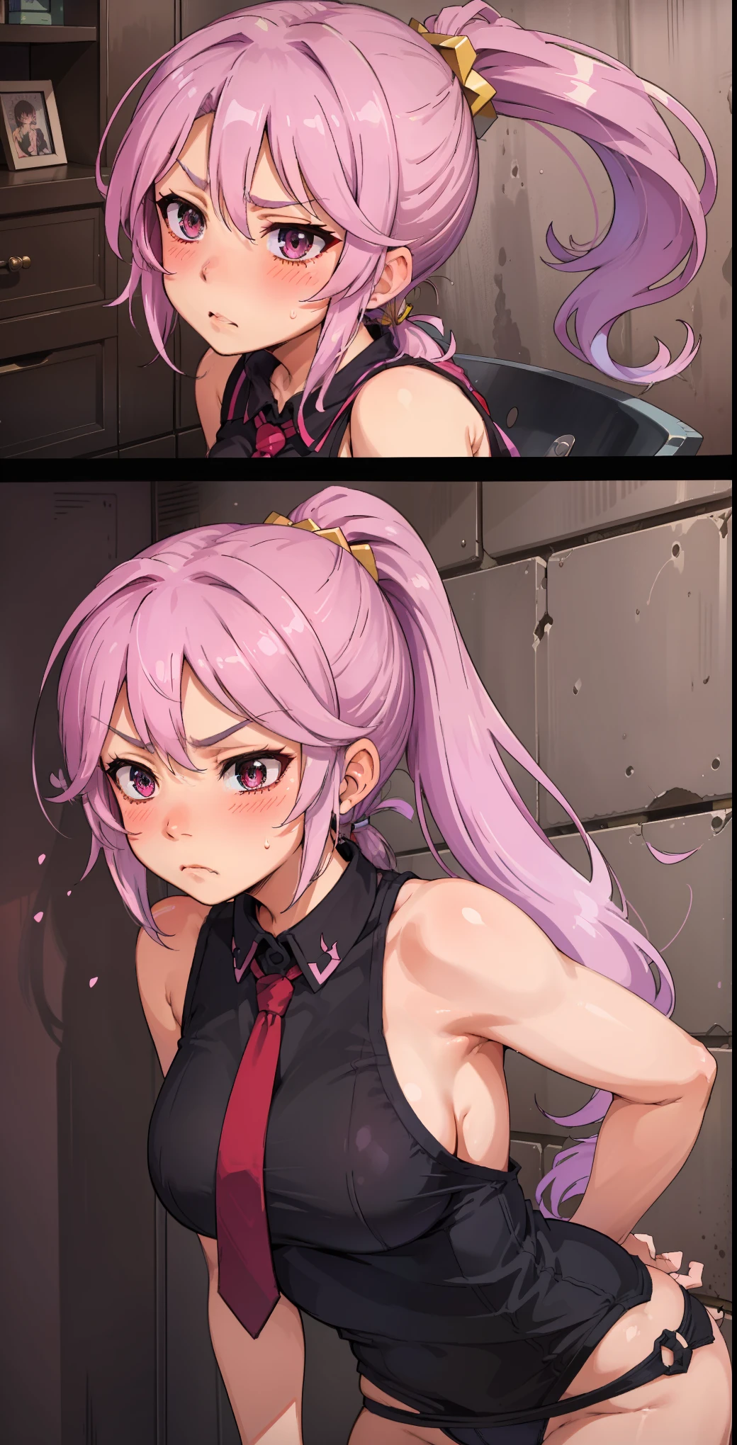 Jibril, (standing), blushed, perfect anatomy, detailed eyes, detailed lips, extremely detailed eyes and face, vivid colors, sharp focus, masterpiece:1.2, ultra-detailed, blushed, ((doggystyle)), (solo), ((tie)), sleeveless, ((((ponytail)))), (((disdain, disgust))).