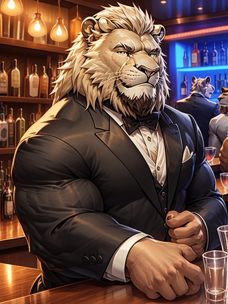 muscular man wear working in bar as bar tender, tuxedo, furry, an anthro (white lion), an anthto, a old man muscular, facial hair, happy expression, extremely detailed muscle, detailed face, face, detailed eyes, eyes, detailed muscle, realistic rendering, CG realistic, 3d realistic, photography, background