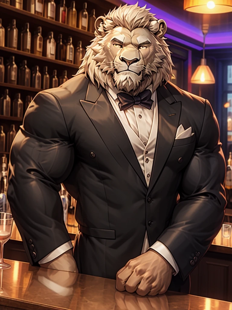 muscular man wear working in bar as bar tender, tuxedo, furry, an anthro (white lion), an anthto, a old man muscular, facial hair, happy expression, extremely detailed muscle, detailed face, face, detailed eyes, eyes,  detailed muscle, realistic rendering, CG realistic, 3d realistic, photography, background