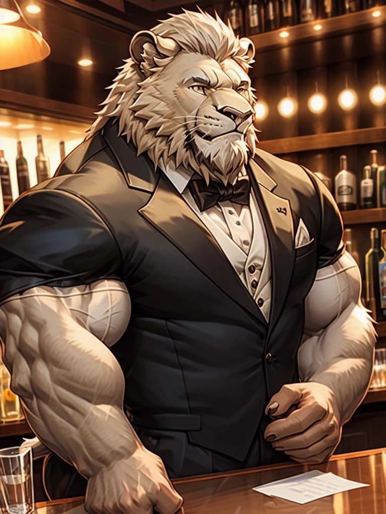 muscular man wear working in bar as bar tender, tuxedo, furry, an anthro (white lion), an anthto, a old man muscular, facial hair, happy expression, extremely detailed muscle, detailed face, face, detailed eyes, eyes, detailed muscle, realistic rendering, CG realistic, 3d realistic, photography, background