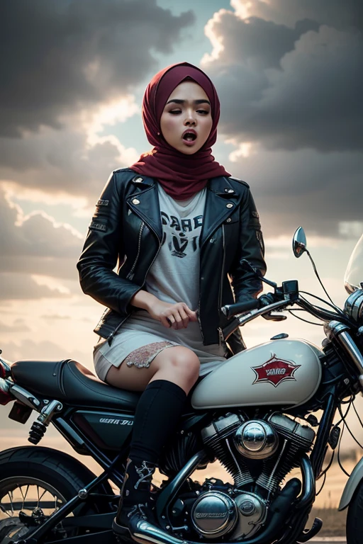 Craft an atmospheric portrait that captures the Malay girl in hijab in a moment of musical ecstasy, surrounded by the gritty elegance of a classic motorbike, embodying the spirit of rock 'n' roll