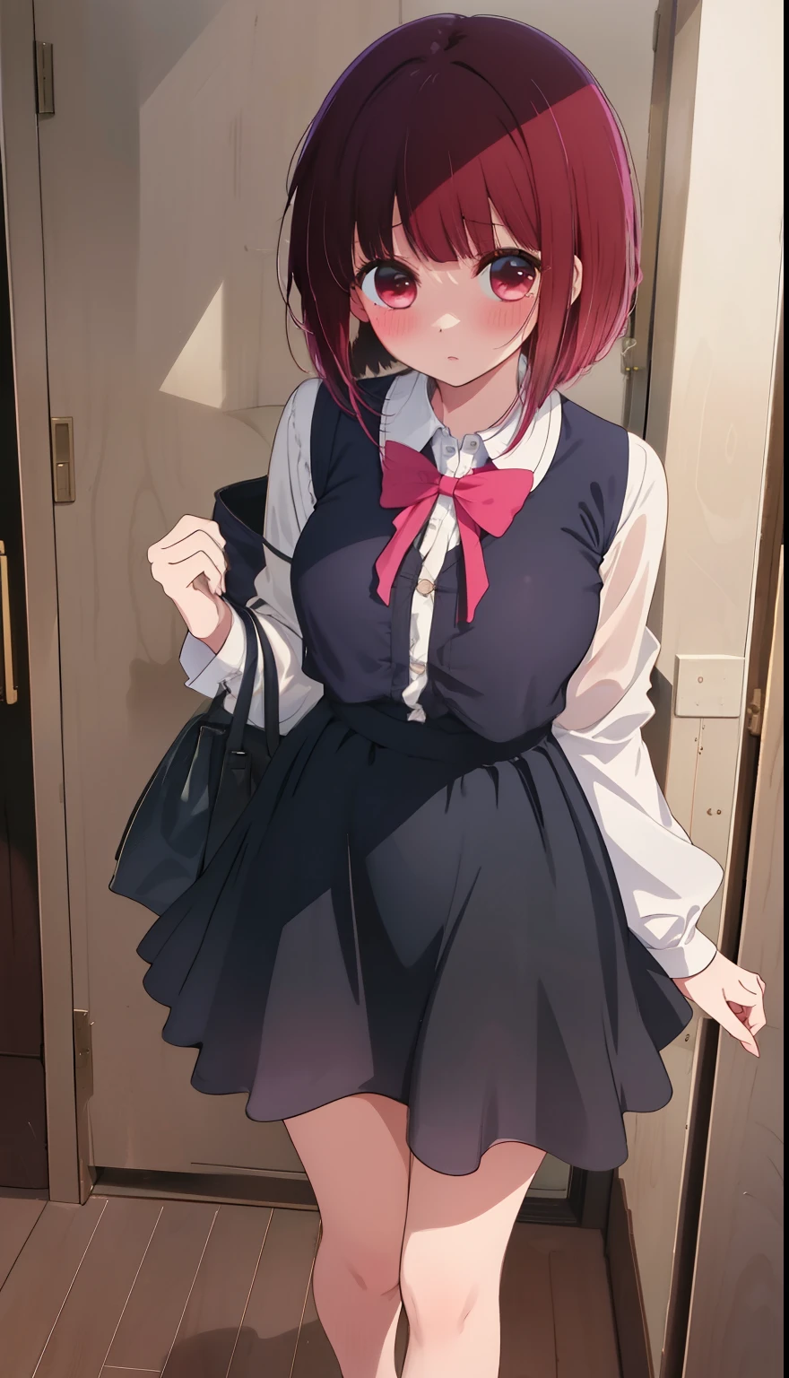 One Girl、positive、Standing posture、Full body portrait、Black Hair、Medium Haircut、blush、Absolute area、No panties、No bra、barefoot、Light blue dress、Off-the-shoulder dress、(Very large breasts)、Cleavage、((Lesbians around the world))、masterpiece、(highest quality)、、White heel sandals、Shirt buttons fly off、Unbutton your shirt、Exposing the breasts、