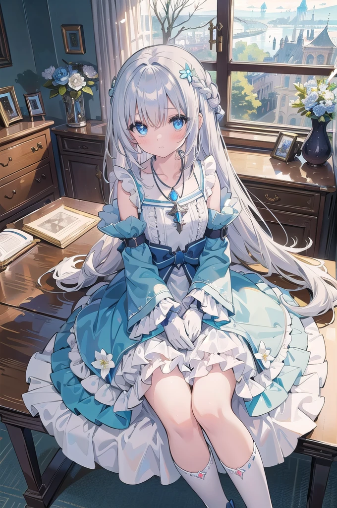 (Above image),Dynamic Angle,Very detailed, shape, straight, 1 girl, (Fantasy:1.4), (Light blue eyes:1.233),Her eyes shone like dream-like stars,(Glowing Eyes:1.233),(Beautiful and delicate eyes:1.1),(Silver Hair:1.14),(Messy Hair,Very long hair,French Braid,Hair between the eyes,Side Lock), (+(flower:1.14)),(Chiffon dress,青いflower柄)/=(uniform:1.24),(Do not use sleeves,Wide sleeves),(gloves),necklace,(Micony high socks),High heel boots,(Embarrassing),(Stubborn), (Located in a white old palace、Classic princess bedroom with dressing table and French windows),(白いflower,bloom),(Dull Blue World Tree:1.14),(What&#39;s left behind),(night:1.2),dream-like,soul,(fluorescence), [[Thin fingers and hands:0.55]::0.85],(Finger details),(Soup Packet:0.5)、beret、Lady、18-year-old、Large Breasts, highest quality, Super detailed, Beautiful lighting, Beautiful views, Mild hot flashes, smile, ((masterpiece)), (anime:1.5), ((highest quality)), (RAW Photos: 1.2), (Professional photography:1.2), whole body, 8k, From the side, Wide Shot, 