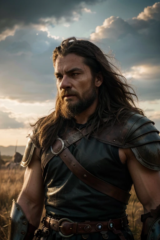 realistic male viking warrior, detailed facial features, standing on victorian battlefield, smoky scenery, (best quality,8k,highres,masterpiece:1.2),ultra-detailed,(realistic,photorealistic:1.37),cinematic,vivid colors,epic,dramatic,muscular body,battle-worn armor,fierce expression,glowing eyes,windblown hair,moody lighting,cloudy sky,grassy field,ruins in background holding enemy head on right hand