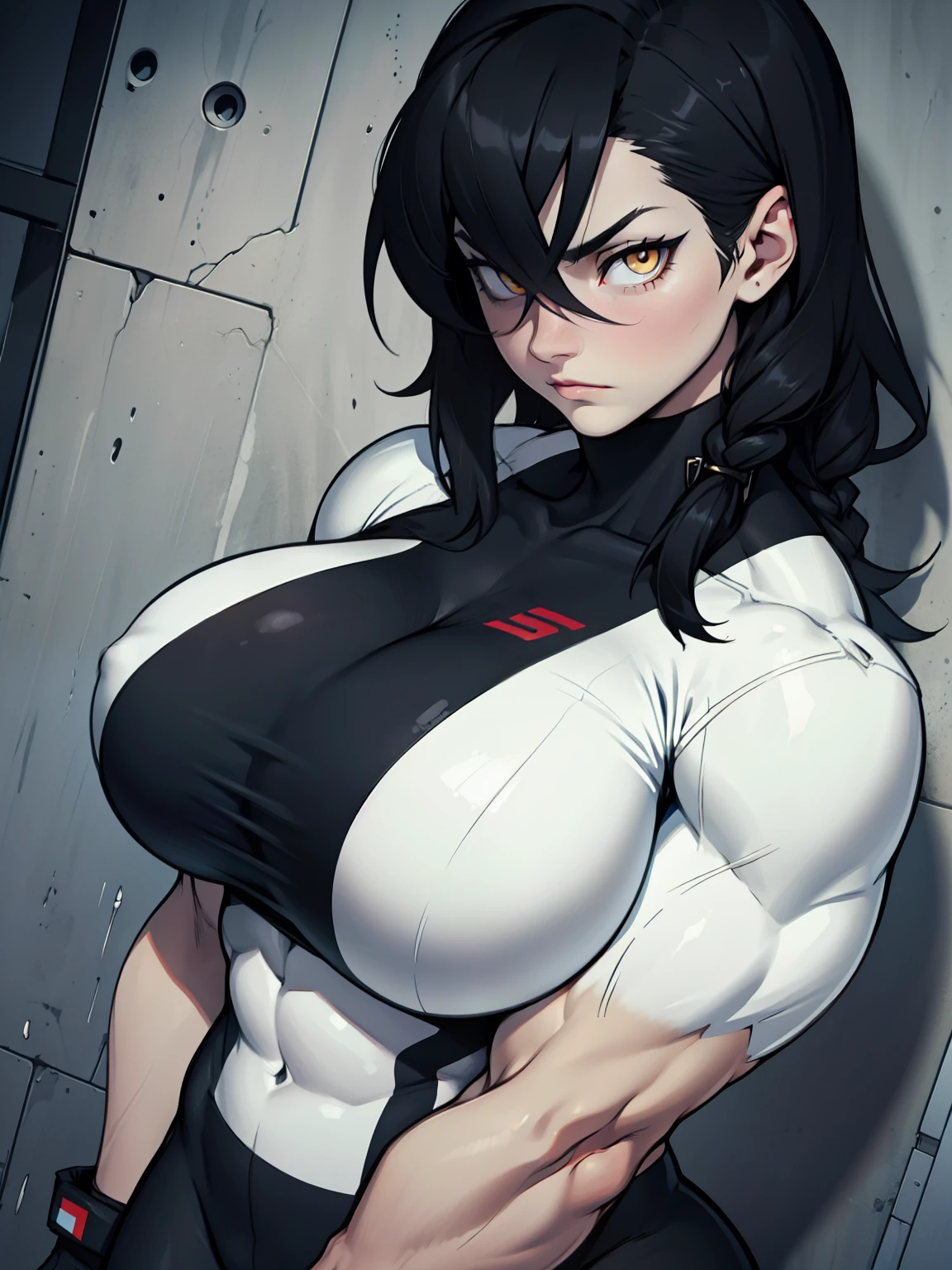 (((1 girl muscular))) yellow eyes huge breasts pale skin skintight black hair sad