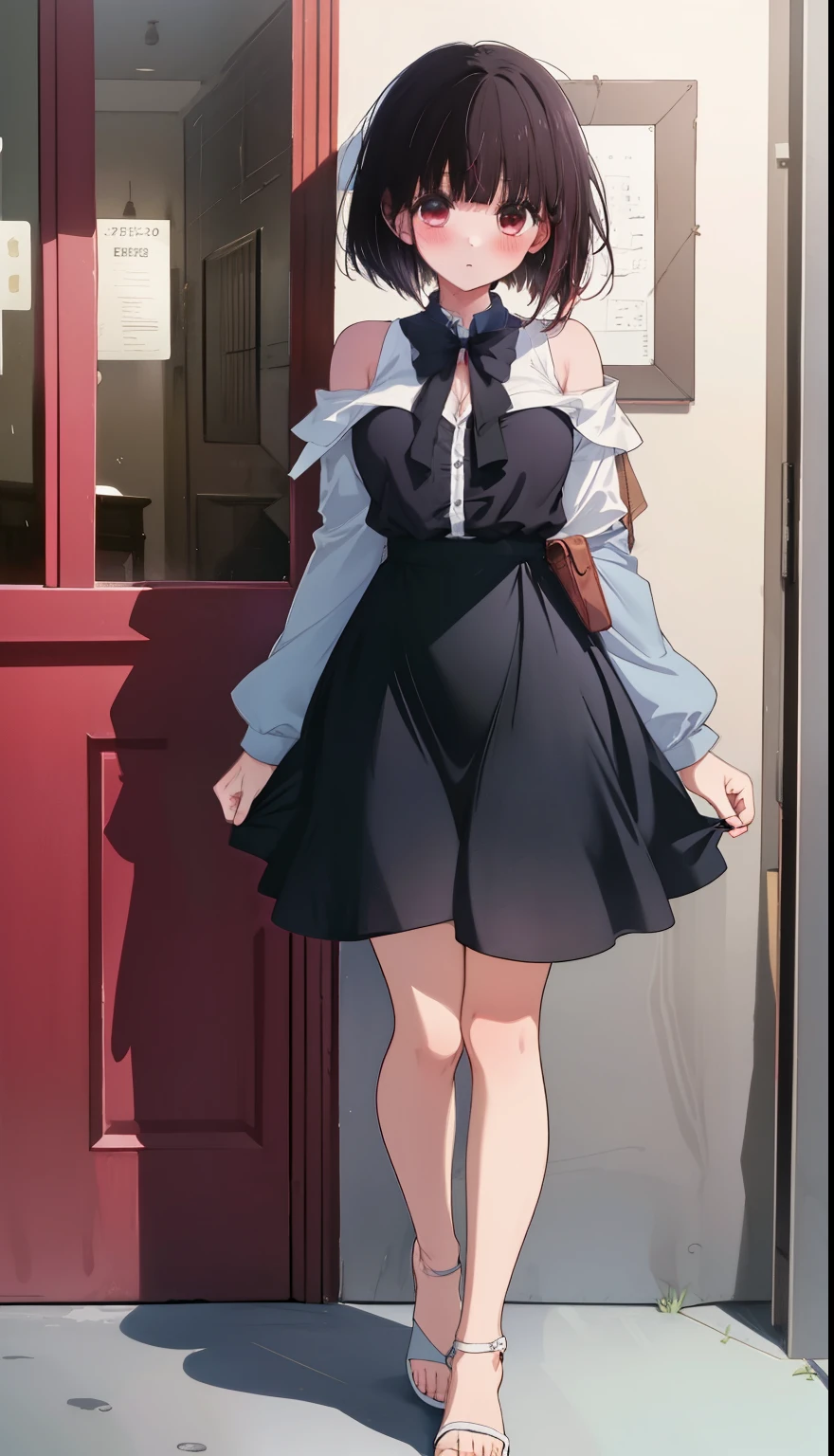 One Girl、positive、Standing posture、Full body portrait、Black Hair、Medium Haircut、blush、Absolute area、No panties、No bra、barefoot、Light blue dress、Off-the-shoulder dress、(Very large breasts)、Cleavage、((Lesbians around the world))、masterpiece、(highest quality)、、White heel sandals、Shirt buttons fly off、Unbutton your shirt、Exposing the breasts、