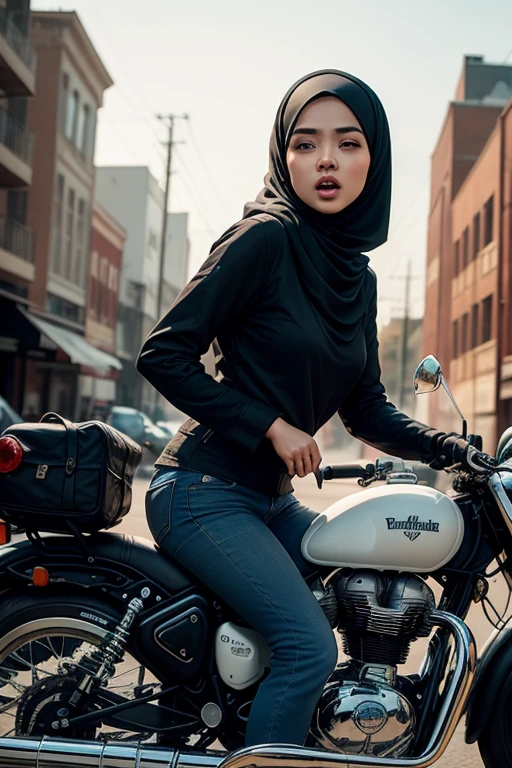 Craft an atmospheric portrait that captures the Malay girl in hijab in a moment of musical ecstasy, surrounded by the gritty elegance of a classic royal enfield motorbike, embodying the spirit of rock 'n' roll