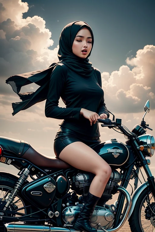 Craft an atmospheric portrait that captures the Malay girl in hijab in a moment of musical ecstasy, surrounded by the gritty elegance of a classic royal enfield motorbike, embodying the spirit of rock 'n' roll