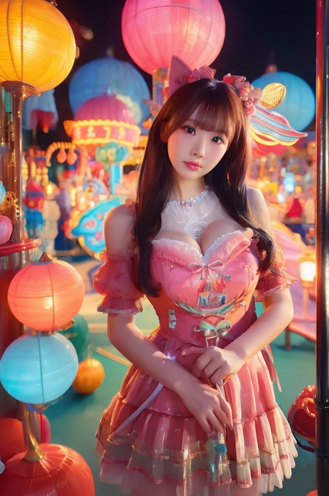 best quality, 8k, highly detailed face and skin texture, high resolution, big tits japanese girl in colorfull dress stand in front of merry go round at night, under the light, full body, sharp focus