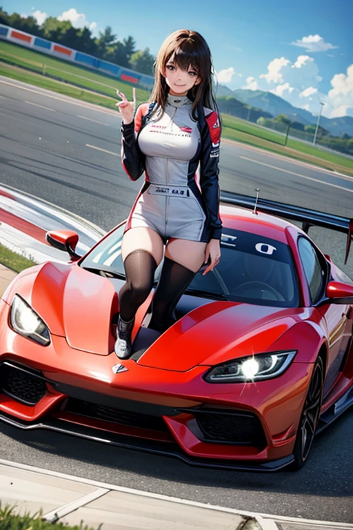 Female racing driver、Racing Suits、long hair、smile、sports car、