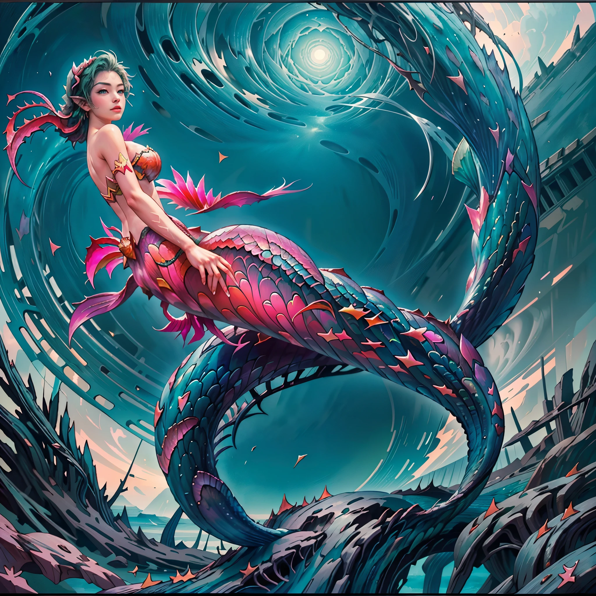 (A young and extremely beautiful mermaid:1.9)、Waterfall climbing、(Ukiyo-e:1.2)、woodblock print、otherscape、elegant、(highest quality、4k、8k、High resolution、masterpiece:1.2)、Super detailed、(Realistic、Realistic、Photorealistic:1.37)、Intricate details、Beautiful detailed eyes、Beautiful detailed lips、Highly detailed face、Long eyelashes、Flowing Hair、Graceful pose、Dramatic lighting、Warm color palette、looking at the camera、mynatalee woman