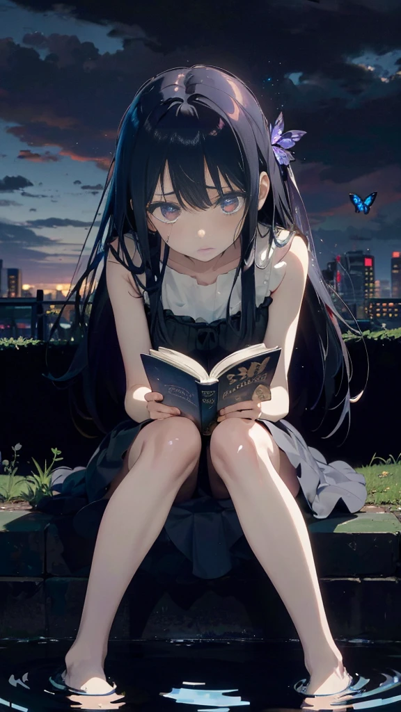 1 anime girl, alone,,Black petals flutter, A mysteriously shining butterfly.city,thin legs,Gloomy cloudy sky,sad expression,very clear,highest quality,city,standing on the street corner,Are crying,tears,close up of face,Sit in the water,barefoot,holding a book in hand,Sit down