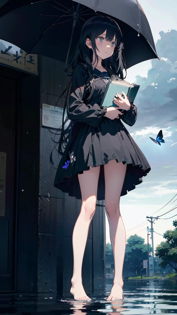 1 anime girl, alone,,Black petals flutter, A mysteriously shining butterfly.city,thin legs,Gloomy cloudy sky,sad expression,very clear,highest quality,city,standing on the street corner,Are crying,tears,close up of face,Sit in the water,barefoot,holding a book in hand,Sit down