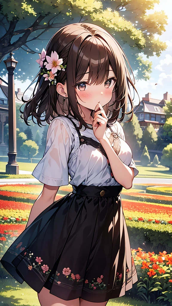 Tabletop, highest quality,figure, wallpaper, Super detailed, Absurd beauty、One beautiful woman、 (Short brown hair), Wet Hair,Beautiful brown hair, Clear brown eyes, Slightly chubby,Small breasts, Very detailed beautiful eyes , Hair blowing in the wind、Keep your head small、Flower Field、great outdoors、Flower Garden Scenery