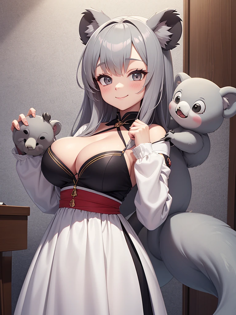 score_9,score_8_up,score_7_up, (koala monster girl), 30 years old, furry_skin, koala_ears, koala_tail, gray hair, sleepy smile, big breasts, white clothes, front view, perfect face, perfect hands, grab a puppet against breasts,