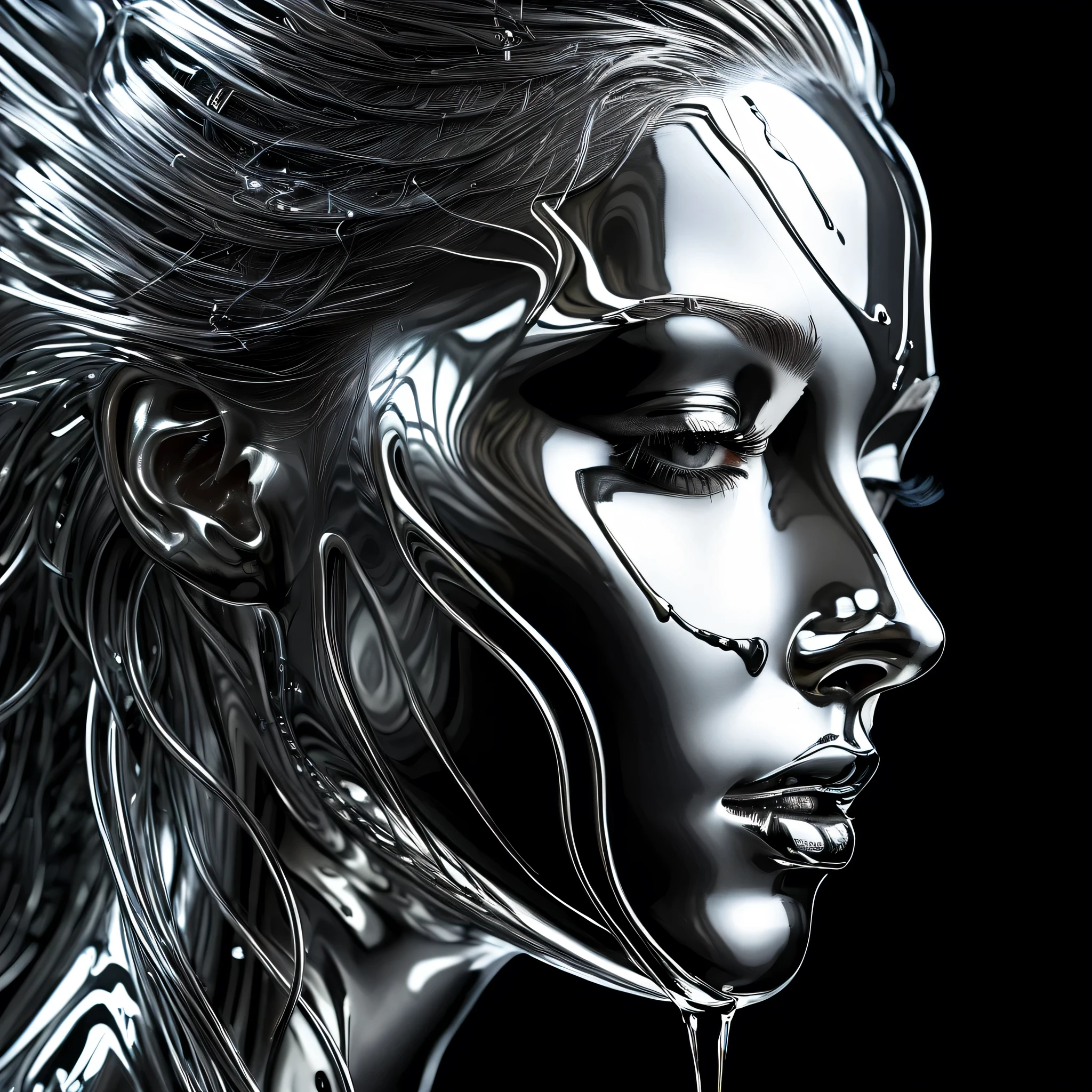 A mesmerizing close-up portrait of a woman's face, featuring a unique dichotomy. The left side is a sleek, liquid metal machinery, dripping and flowing dynamically as if it were a living entity. The metallic fluid glimmers and reflects, creating an illusion of depth and movement. The right side, in stark contrast, remains a natural, soft human face, undisturbed by the futuristic counterpart. The transition between the two halves is seamless, yet strikingly apparent, drawing the viewer's attention. The woman's eyes are expressive, conveying a sense of intrigue and otherworldliness. Her hair flows gracefully, framing the face and accentuating the unique fusion of human and machine. The background fades into a dark, mysterious hue, allowing the focal point to remain solely on the woman's face and its remarkable transformation. Estilyng gothic y geroglificos piramides 

