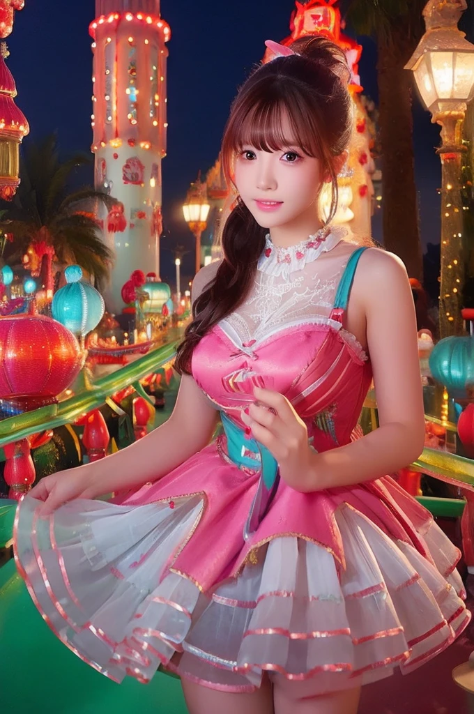 best quality, 8k, highly detailed face and skin texture, high resolution, big tits japanese girl in colorfull dress stand in front of merry go round at night, under the light, full body, sharp focus