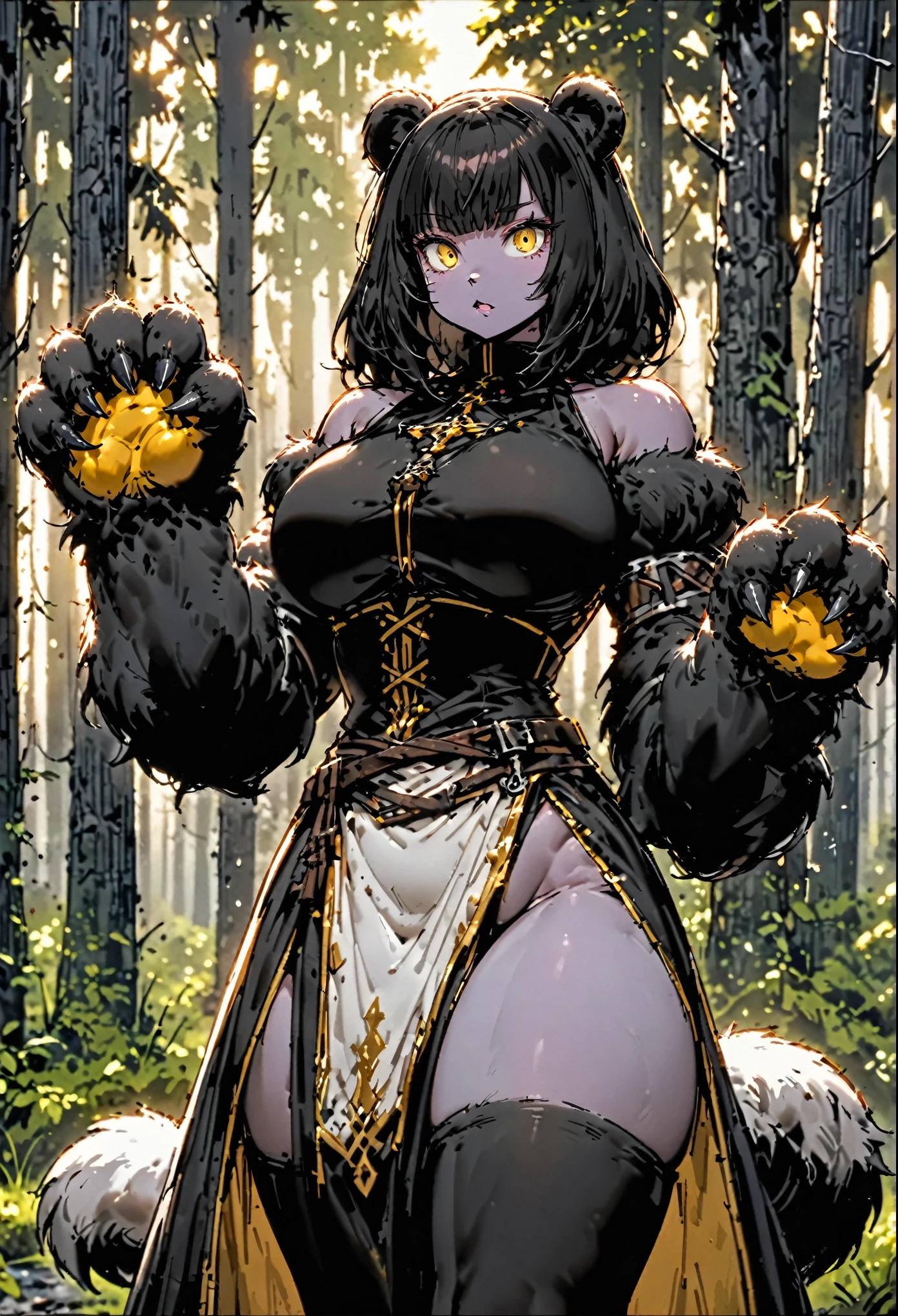 solo:1.4, female, sfw, medium shot, black hair, short hair, yellow eyes, broad shoulders, very strong, thick fur, velvety fur, black and white fur, black bear tail, furry arms:1.3, forest, abs, claw hands, black furred hands, animal hands:0.9, medieval clothes, black ears, bear ears, very large woman, very tall woman, bare shoulders, furry thighs, shapely thighs, pink skin
