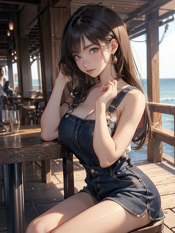 Dark Skinの女の子、masterpiece、One girl per photo、(((Seaside Cafe、Terrace seatorning)))((Dark Skin、26-year-old girl、Sparkly Makeup、Mature face、Super big boobs、Dark Skin))((Dark Skinの色、Realistic Skin、Dark Skin))((Shining Eyes))((Denim overalls、Damage、Extremely Miniskirt))(((Embarrassed face、Mouth open、Open your lips)))((Long Hair、Elaborate hairstyles、Brown Hair))((Round big 、Narrow waist、細いThighs、Long legs))((Dark Skin、色がDark Skin、Ultra-realistic、Perfect limbs、Perfect fingertips))Dark Skin、Attractive pose、short boots、Bold and sexy pose、((Sit erotically on a chair、Expose))(((((Dark Skin、Brush your hair up with both hands)))))View angle from below、Low - Angle、Thighs、Panty shot、Open your mouth