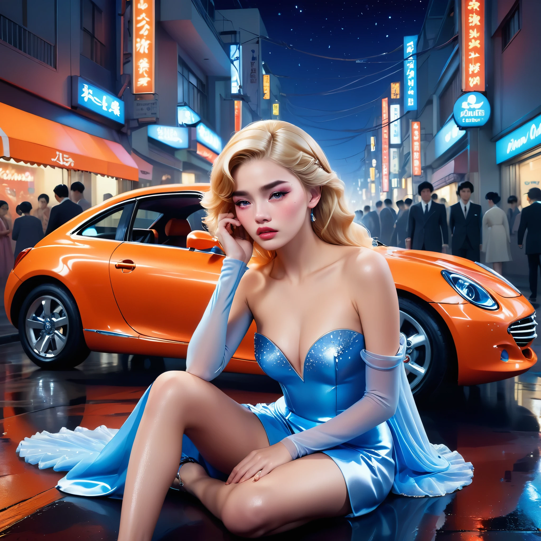 A high-resolution masterpiece by Miles Aldridge featuring a modern, stylish Harajuku fashion inspired Cinderella as concept art, hinting inspiration from Ross Tran. Elegance manifests itself in her spatial positioning next to her vibrant orange automobile,night, where she lifts her tear-streaked face towards the heavens, a single shoe missing amidst the sea of her anxious action. Her body is adorned with streams of sweat, running down, High Resolution, High Quality, Masterpiece