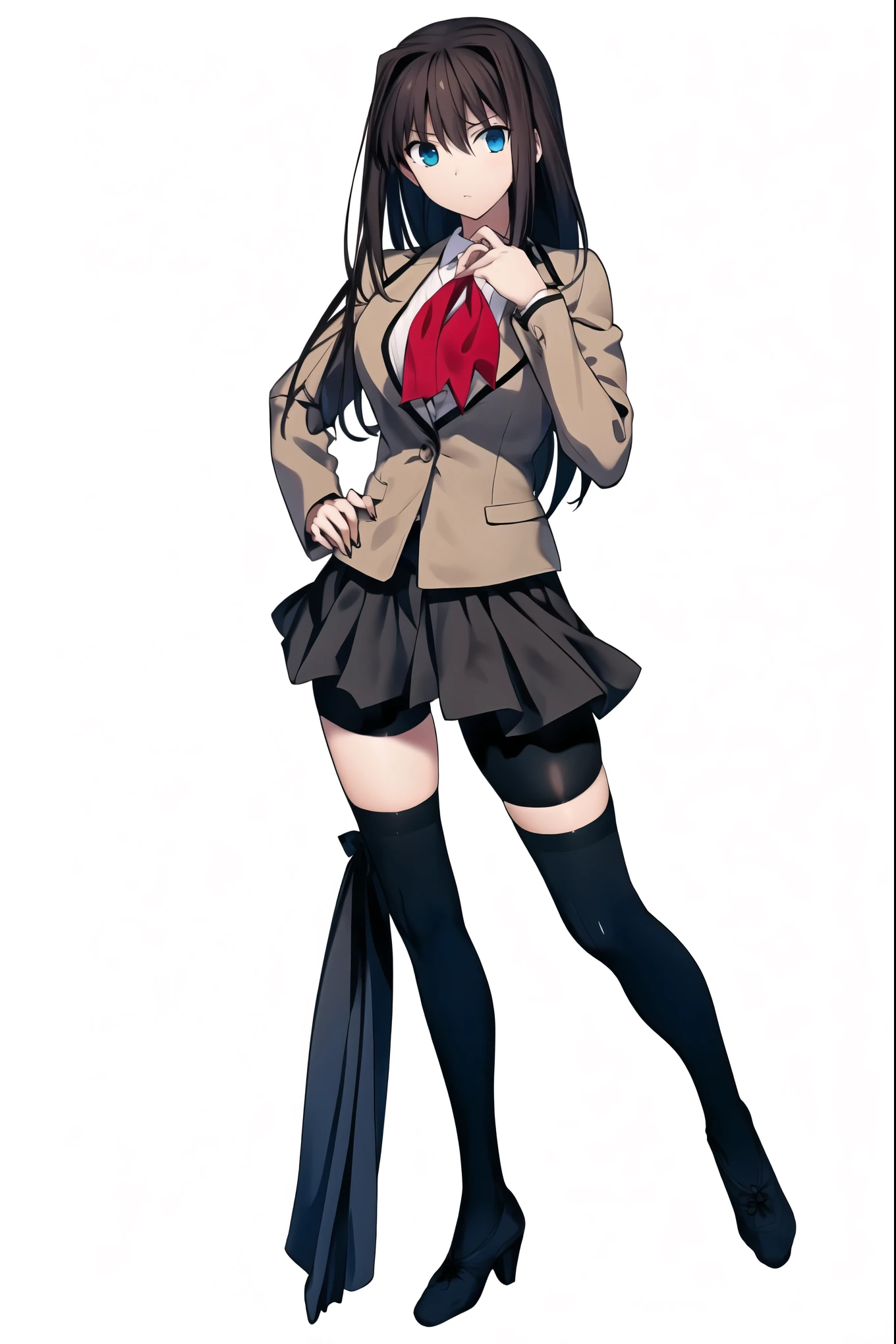 8k, highest quality, highest detail, AokoSchoolUniform, 1girl, solo, 2 legs, (chestnut-brown hair with slightly reddish undertone), perfect face, red neckerchief, beige blazer, white shirt, (large breasts:0.7), nice hips, (Umber pleated-skirt:1.4), (black spandex shorts:1.4), (nice thighs:1.5), (black thigh-high hosiery:1.6), (brown Strap-Shoes), standing straight, ((Full body in frame including full shoes)), white-empty background, (((empty background:1.6)))
