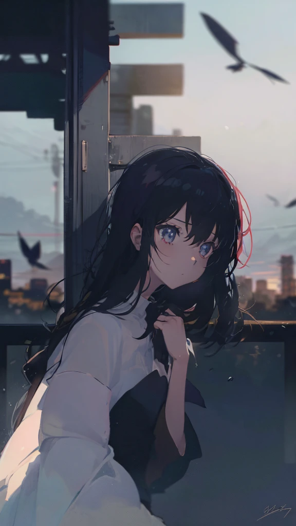 1 anime girl, alone,,Black petals flutter, A mysteriously shining butterfly.city,thin legs,Gloomy cloudy sky,sad expression,very clear,highest quality,city,standing on the street corner,Are crying,tears,close up of face,Sit in the water,barefoot,holding a book in hand,Sit down