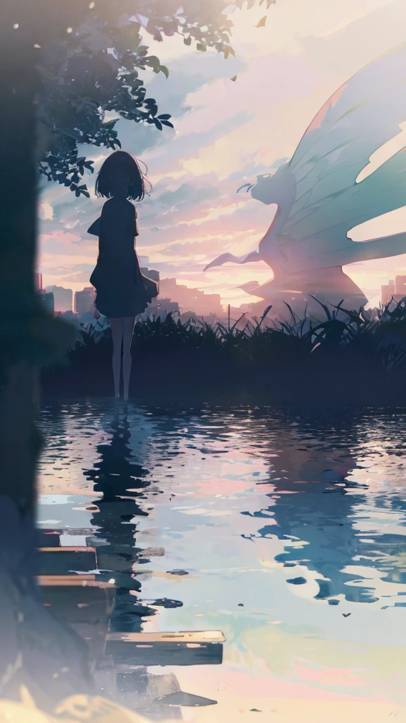 1 anime girl, alone,,Black petals flutter, A mysteriously shining butterfly.city,thin legs,Gloomy cloudy sky,sad expression,very clear,highest quality,city,standing on the street corner,Are crying,tears,close up of face,Sit in the water,barefoot,holding a book in hand,Sit down