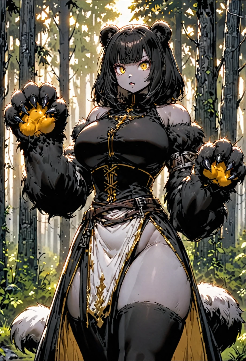 solo:1.4, female, sfw, black hair, short hair, yellow eyes, broad shoulders, very strong, thick fur, velvety fur, black and white fur, black bear tail, furry arms:1.3, forest, abs, claw hands, black furred hands, animal hands:0.9, medieval clothes, black ears, bear ears, very large woman, very tall woman, bare shoulders, furry thighs, shapely thighs, light tan skin, white skin, large canines, close up 