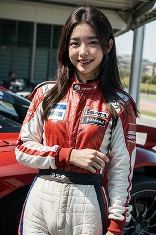 Female racing driver、Racing Suits、long hair、smile、sports car、