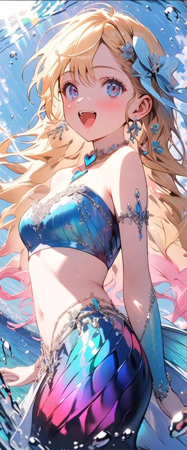 1female\((mermaid),beautiful scale reflecting prism,beautiful tail fin reflecting prism,princes,cute,kawaii,age of 20,long braid hair,blonde,(singing a beautiful song:1,4),eye color ocean blue,big eyes,dynamic pose,open mouth loud,(looking up),under the sea,happy,wearing beautiful heart neck tube top,(music notes around),(full body)\), BREAK ,background\(under the beautiful clean sea,beautiful fishes,big ship\), BREAK ,quality\(8k,wallpaper of extremely detailed CG unit, ​masterpiece,hight resolution,top-quality,top-quality real texture skin,hyper realisitic,increase the resolution,RAW photos,best qualtiy,highly detailed,the wallpaper,cinematic lighting,ray trace,golden ratio\),,landscape,[nsfw]