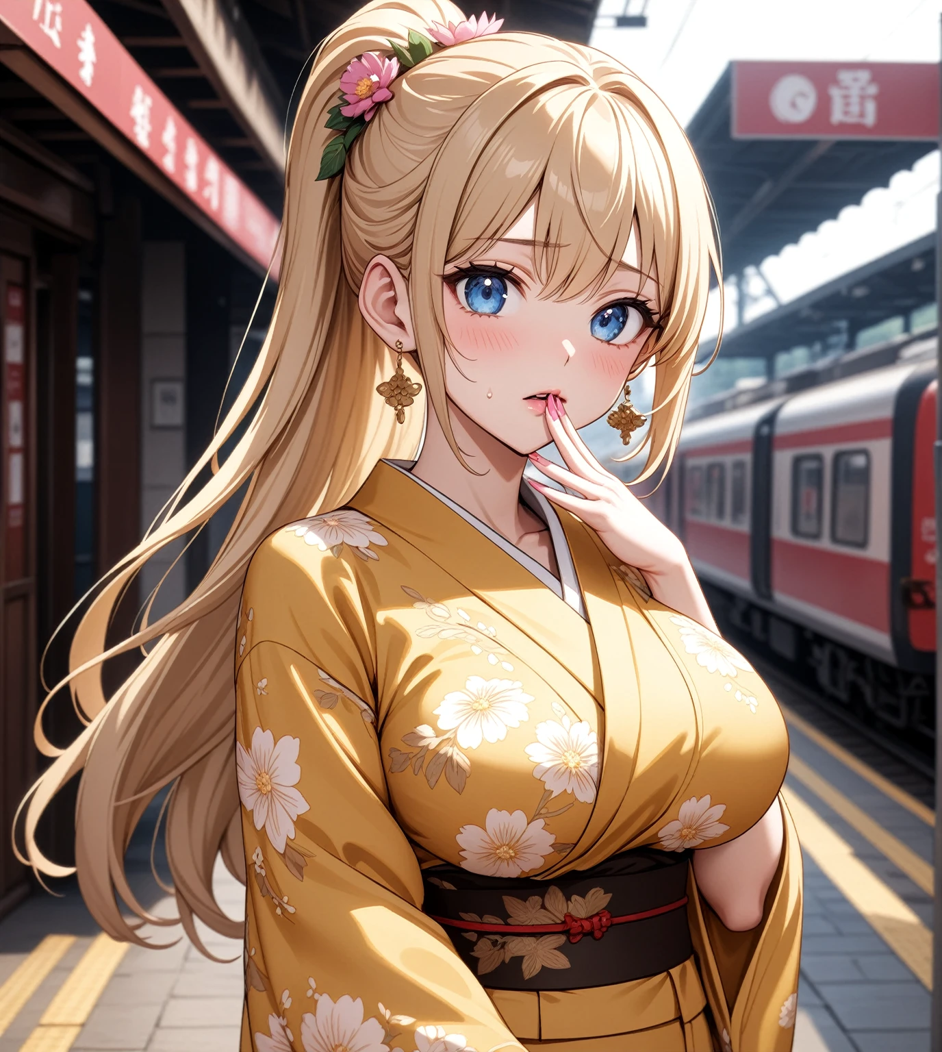 ((One woman)), Beautiful Face,(Cover your mouth with both hands),Wide-open eyes and a worried look,Sweat,Blushing,Glossy pink lips,Daytime,Meet at the station platform, ((Anime style background)),masterpiece, highest quality, so beautiful, up to date, Complex details, (Pink long nails),AI-generated, Complex,High resolution, highest quality, super high quality,3D Images、View the viewers、3D Images,one person,Long Blonde Hair,High Ponytail,blue eyes,Anime woman posing for a photo, [[Fine grain、Colorful eyes、Shining Eyes:1.15]],a hyperRealistic , hyperRealistic , Realistic,Blonde anime woman with long hair, Smooth anime CG art, A woman in a gold embroidered kimono, (Yellow kimono),Floral pattern,Long flower hair ornament,Big earrings,(Large Breasts:1.2),Mature Body,tall,Big Ass,Fine details,Narrow waist,Six-pack,