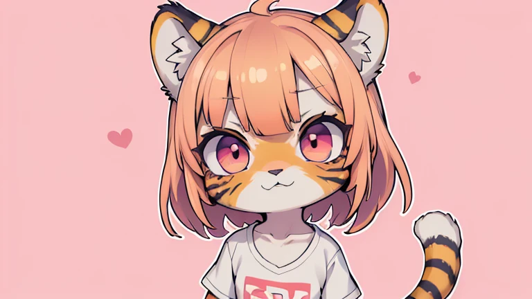 (obra maestra, Alta calidad, mejor calidad, 8K, high resolution), ((estilo chibii, Chibi lindo)), (solo, 1 girl), {Tiger Girl, cara de tigre, 2 colmillos, long eyelashes, delineador de ojos} {bigotes de tigre}, (((Piel de tigre por todo el cuerpo., Rayas de tigre en el cuerpo.))), (pelo naranja), cabello corto, Pinza para el cabello, [[Pinza para el cabello white flower on hair]], ((Muy feliz)), ((boca abierta)), ojos naranjas, [pupilas negras], ((buscando)), (very small breasts), brazos delgados, (un brazo arriba, un brazo hacia abajo), axilas, ((mini camiseta rosa, camiseta rosa completa)), {shorts blancos}, {{{mini cola de tigre, Cola en la espalda}}}, (cuerpo completo), (((de pie, jump angle))), dynamic pose, Fondo blanco, fondo sencillo, ((((Estilo Tora-chan no Hanayome)))), (old anime style 40s), estilo animado, anime color.