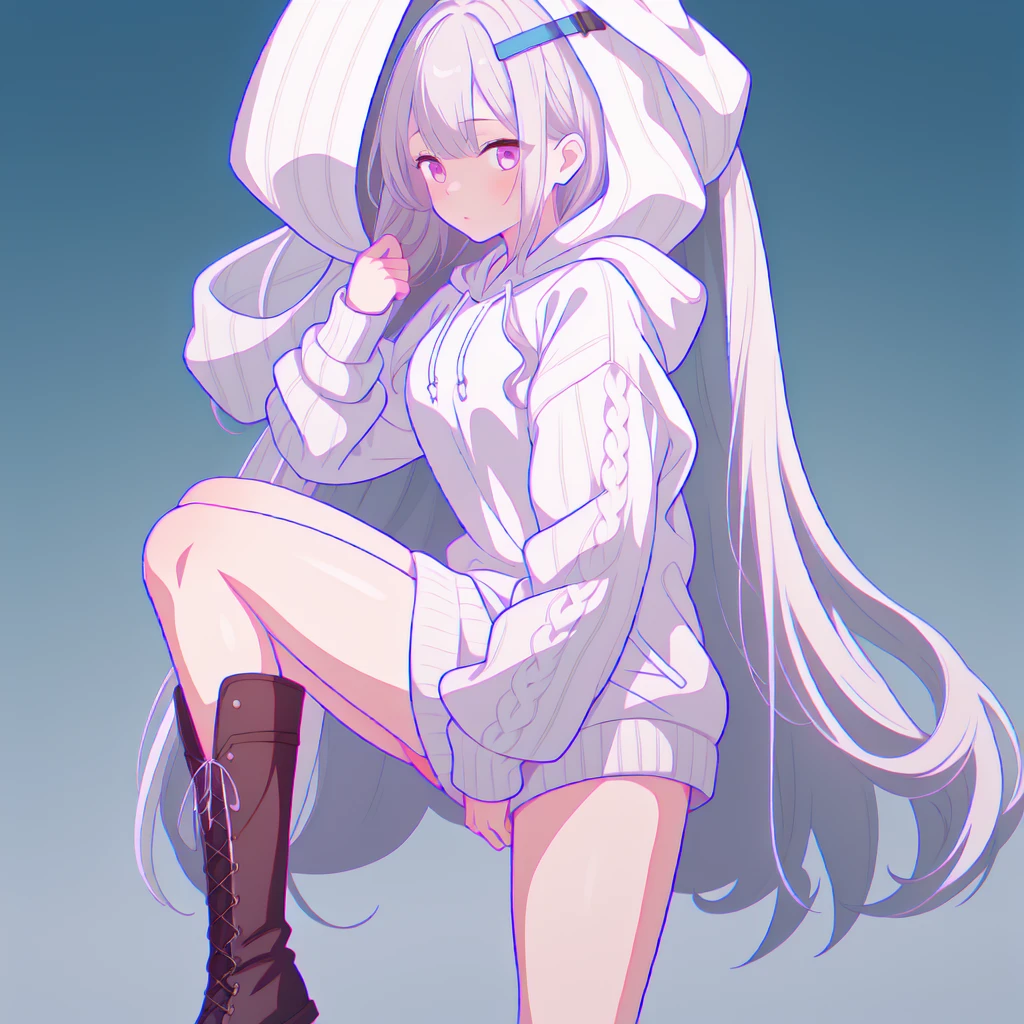 (highest quality, masterpiece, High resolution),One girl,alone,Milky white, blue gradient straight long hair,Hooded_Tracking_Large hoodie with ribbed knit hem and cuffs、Knee-high boots,alone focus,Simple Background,Small breast magenta stroke,