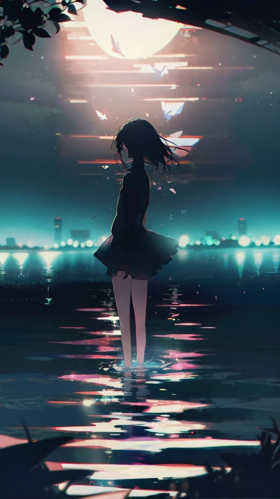 1 anime girl, alone,,Black petals flutter, A mysteriously shining butterfly.city,thin legs,Gloomy cloudy sky,sad expression,very clear,highest quality,city,standing on the street corner,Are crying,tears,close up of face,Sit in the water,barefoot,holding a book in hand,Sit down