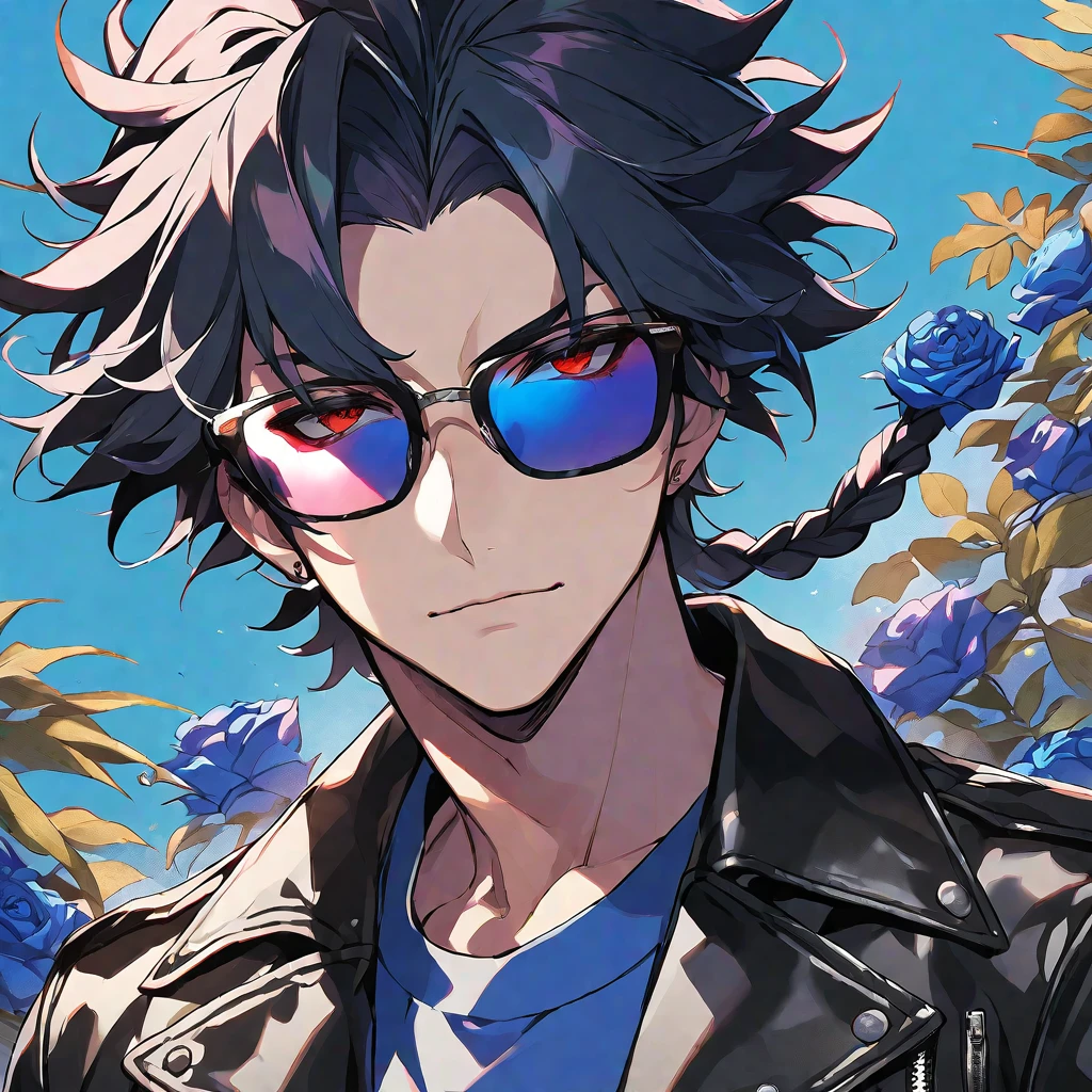 solo, handsome, 1 male, Ponytail, Braided black hair, red eyes, Gojo Satoru,casual,Blue Rose Tattoo,Leather jacket,casual,Stylish,cool,sunglasses,Glasses,Face close-up,
