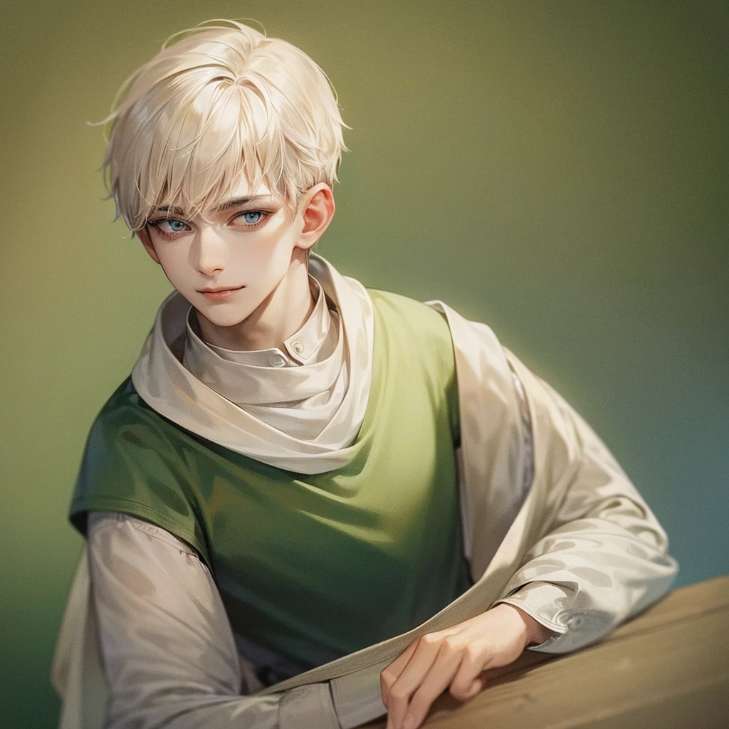 high quality, detailed,
young man , 4K UHD, super detail, best quality, detailed eyes, masterpiece, young ,21years old ,white short hair ,green beautifull eyes,sweet smile ,quiet expression,beautiful smile,cute outfit
