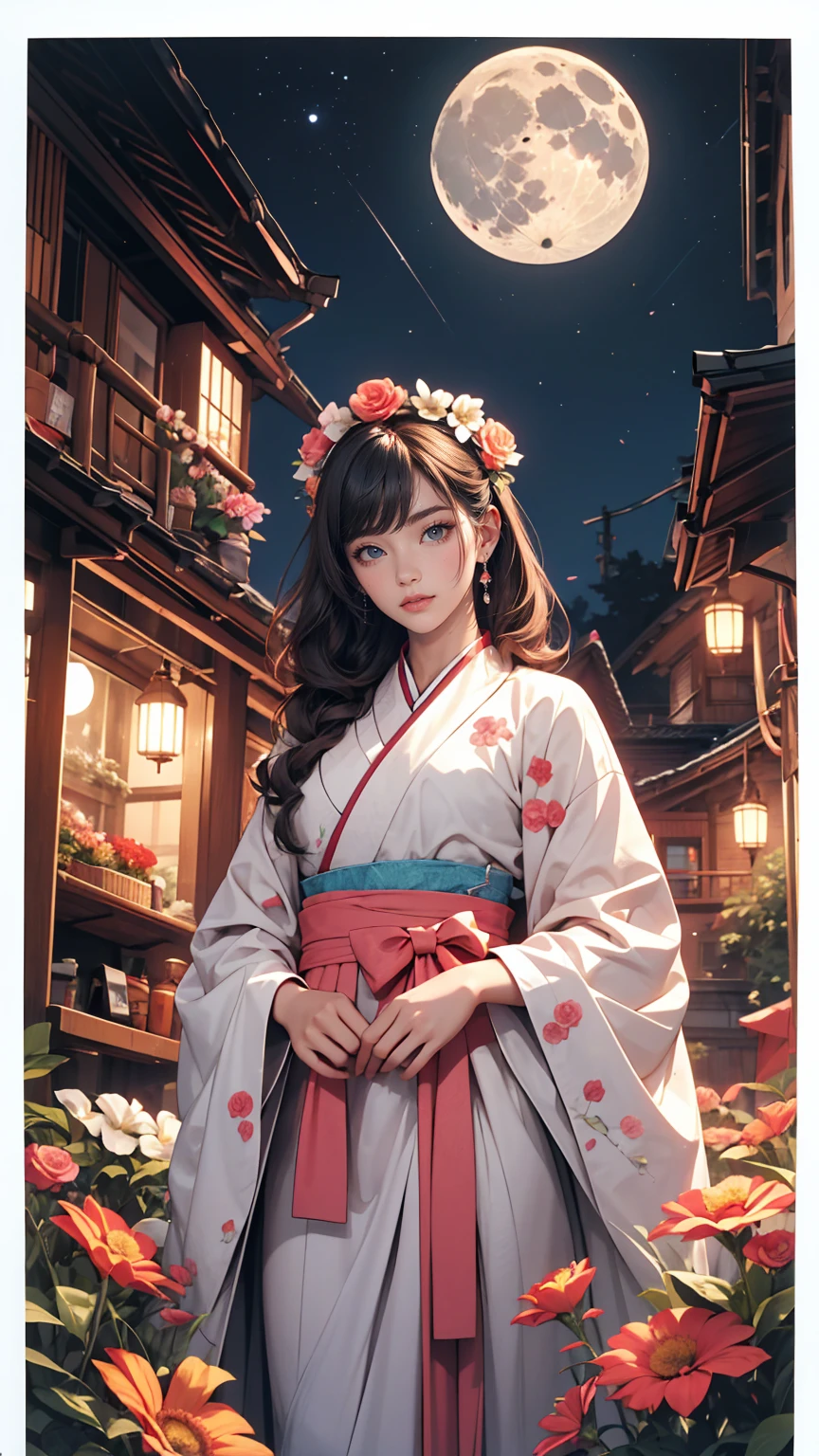highest quality, expensive_solve, clear_image, Detailed Background ,girl, hanbok,flower,garden,moon, night,