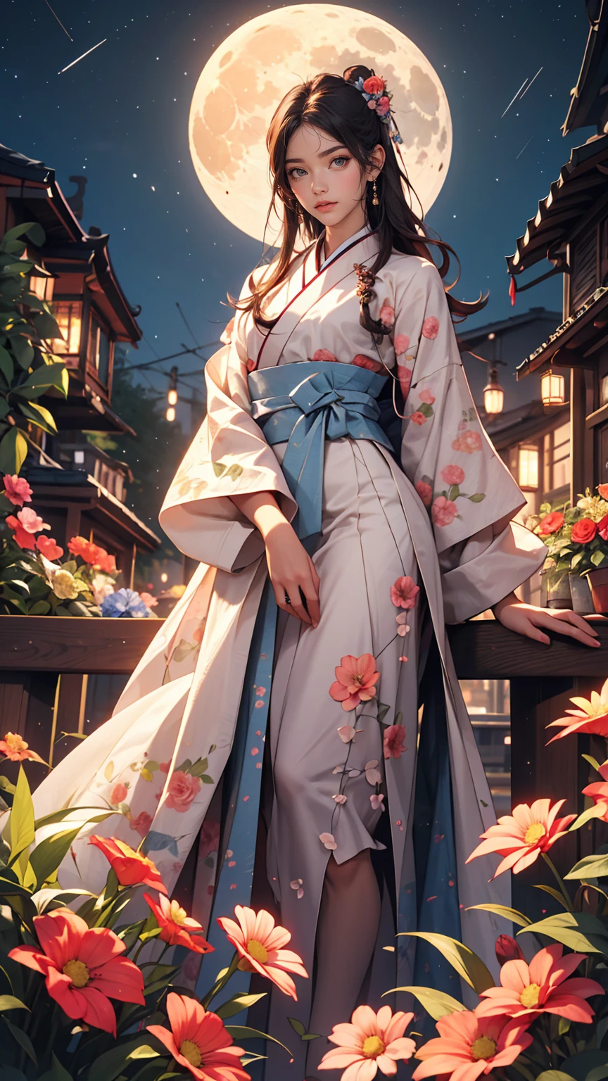 highest quality, expensive_solve, clear_image, Detailed Background ,girl, hanbok,flower,garden,moon, night,