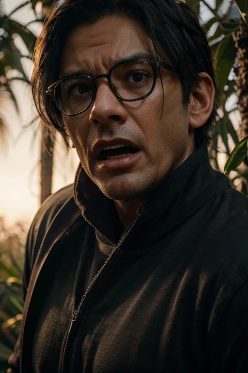 a man with short gray hair,wearing glasses,black wornout sweatshirt,expression of fear,standing in a dark jungle,sunset light,golden hour,realistic,photorealistic,photo-realistic:1.37,(best quality,8k,masterpiece:1.2),ultra-detailed,vivid colors,physically-based rendering,professional,intricate details,dramatic lighting, scared detailed face, scary, screaming, fear for hes life, detailed fear expression, runing away, sad, fearfull body expression, detailed feaful face