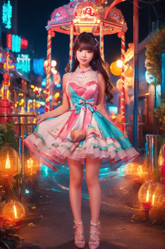 best quality, 8k, highly detailed face and skin texture, high resolution, sexy japanese girl in colorfull dress stand in front of merry go round at night, under the light, full body, sharp focus