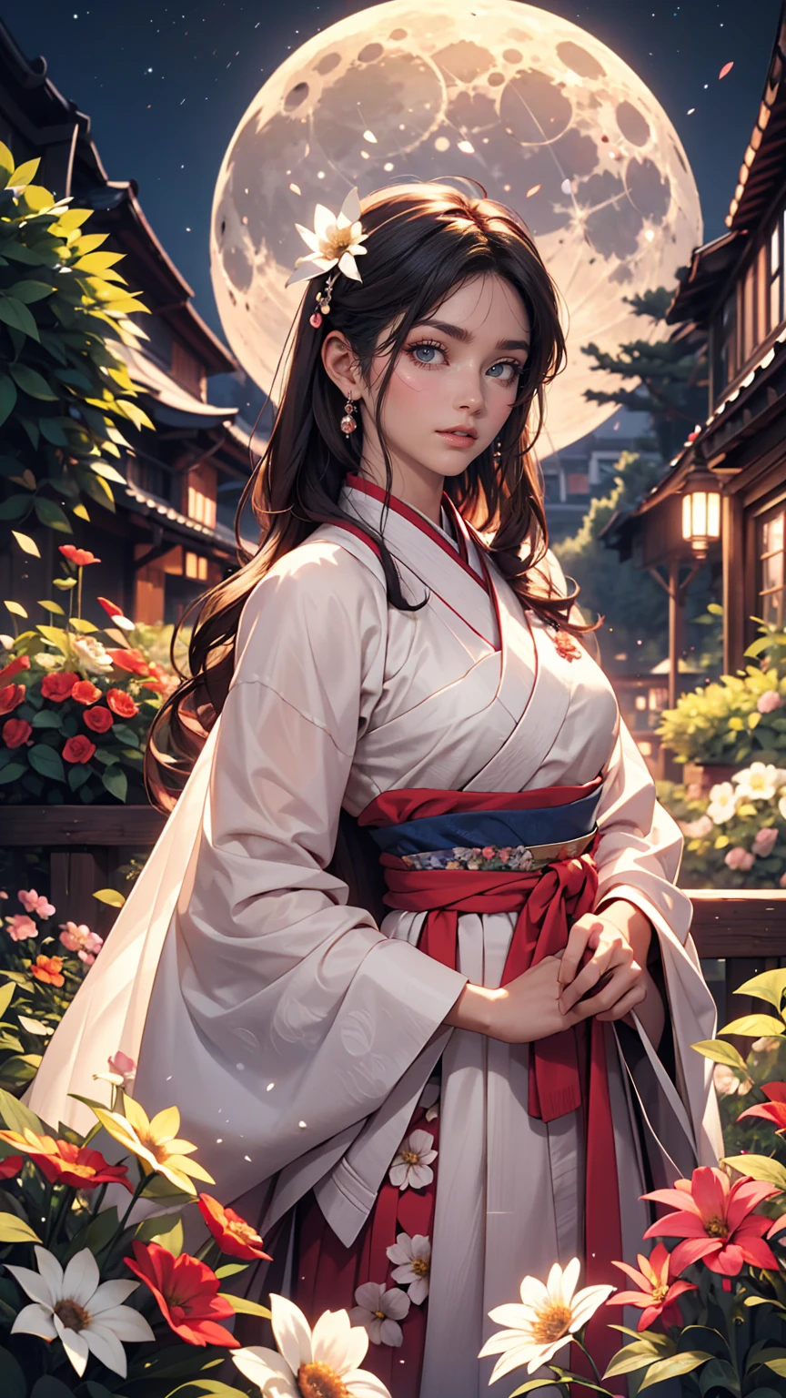 highest quality, expensive_solve, clear_image, Detailed Background ,girl, hanbok,flower,garden,moon, night,