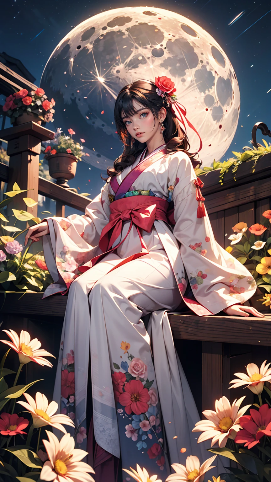 highest quality, expensive_solve, clear_image, Detailed Background ,girl, hanbok,flower,garden,moon, night,