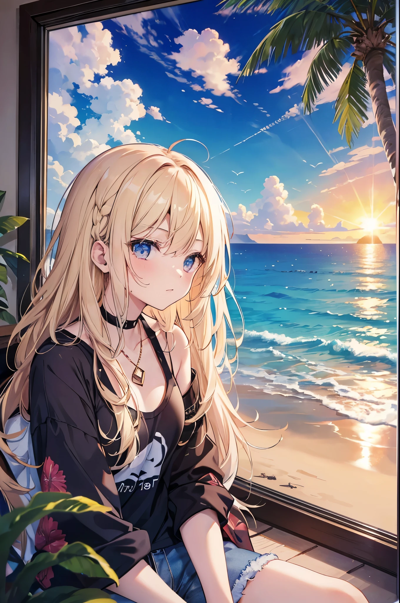 最high quality、Best image quality、masterpiece、 Girl((18-year-old、 By becoming、Best Bust、Medium Bust,Tea with a wide open chest、black eye, Blonde Hair、Habitual hairstyle、Long Hair、thin,Highest valley、Blue shorts、Attractive face、Heart Tattoo、Black Aloha Shirt、sweating、like、Sleeping on the ground、Hair blowing in the wind)),high quality、Beautiful art、background((Hawaii、Waikiki、Palm tree、Beach、sunset))Flying debris、Written boundary depth、movie、Visual Arts、Perfect art、8k,Genuine