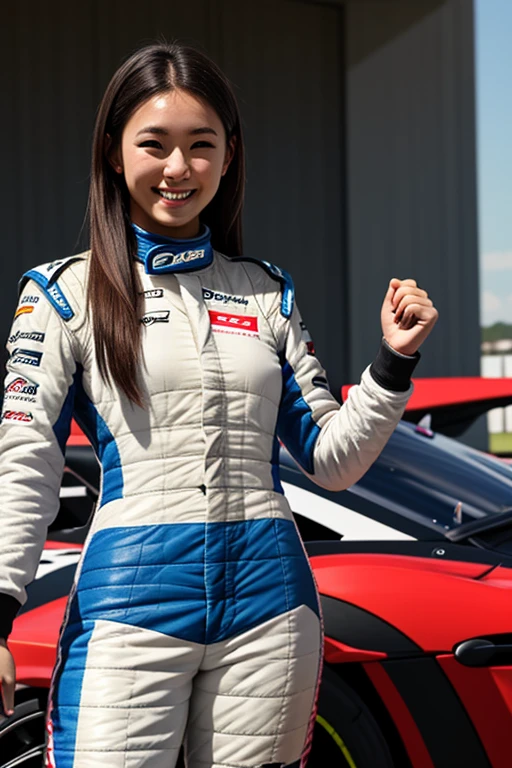 Female racing driver、Racing Suits、long hair、smile、sports car、