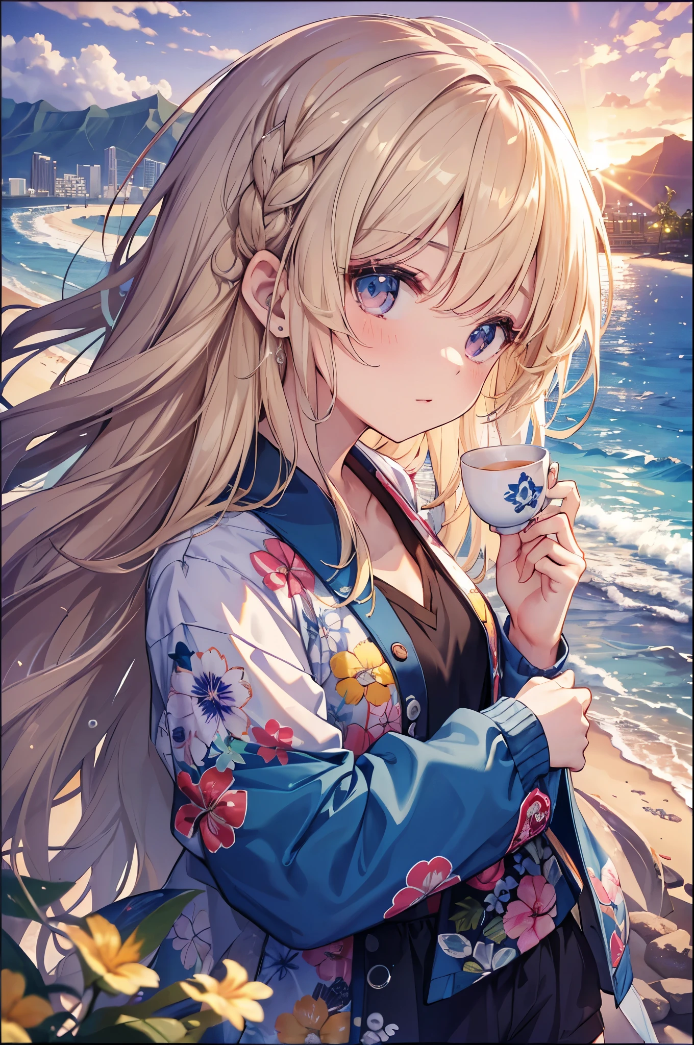 最high quality、Best image quality、masterpiece、Teenage Girl((18-year-old、 By becoming、Best Bust、Medium Bust,Tea with a wide open chest、black eye, Blonde Hair、Habitual hairstyle、Long Hair、thin,Highest valley、Blue shorts、Attractive face、Heart Tattoo、Black Aloha Shirt、sweating、like、Sleeping on the ground、Hair blowing in the wind)),high quality、Beautiful art、background((Hawaii、Waikiki、Palm tree、Beach、sunset))Flying debris、Written boundary depth、movie、Visual Arts、Perfect art、8k,Genuine