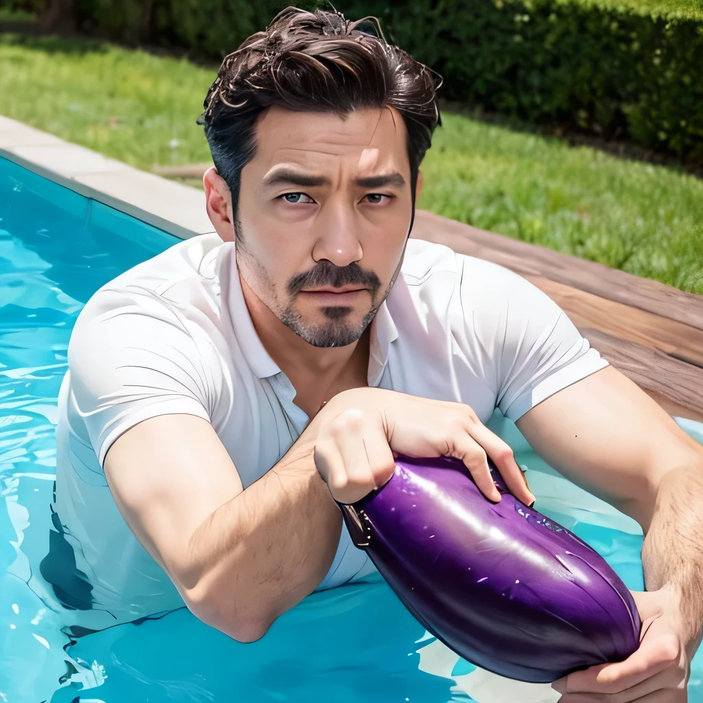 TOP quality,8K, masterpiece, (realistic:1.2), (1uncle:1.2), 40yo,(cryl:1.5),(actor),(point the eggplant at viewer:1.4),(pool)