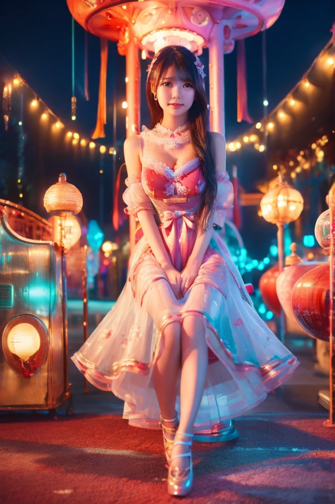 best quality, 8k, highly detailed face and skin texture, high resolution, sexy japanese girl in colorfull dress stand in front of merry go round at night, under the light, full body, sharp focus