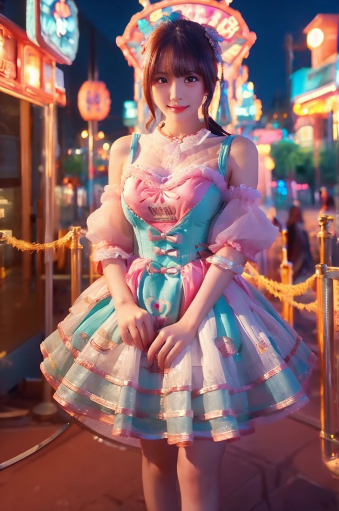 best quality, 8k, highly detailed face and skin texture, high resolution, sexy japanese girl in colorfull dress stand in front of merry go round at night, under the light, full body, sharp focus